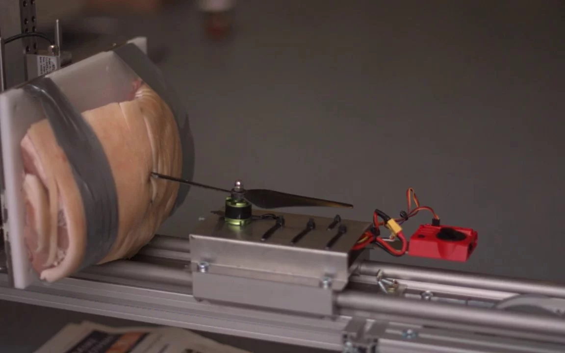 A pork roast meets a drone propellor as part of safety research