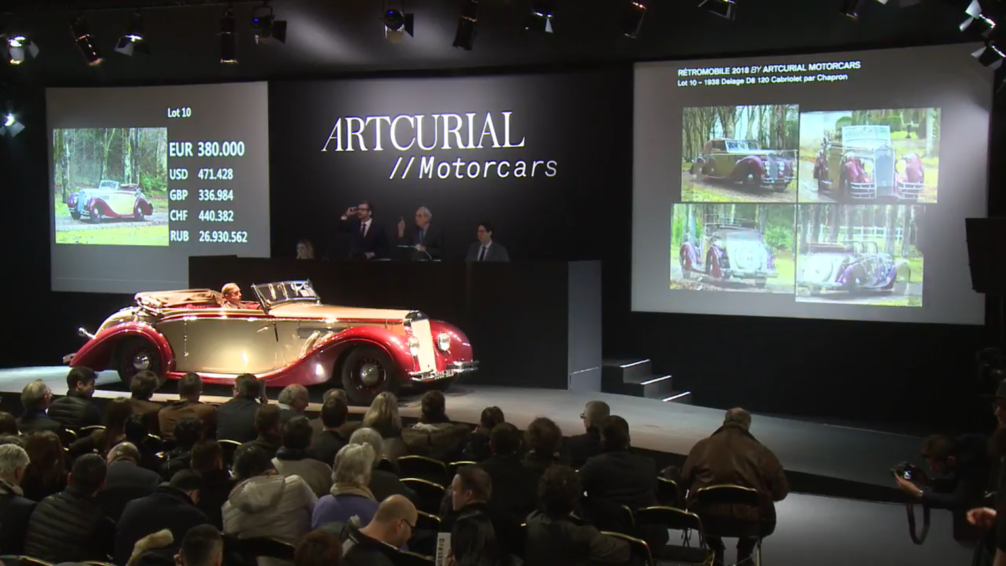 Authenticity is key, and this Chapron-bodied straight-eight cabriolet fetched more than double its estimate to set a record price for the model. Given the history of the car, it's not surprising. The car has been in the same family for 80 years having been purchased by the vendor's grandmother. It was sold with the original purchase order dated February 21, 1938, the warranty card from the manufacturer Delage, and the receipt for the full settlement of the car.Sold for $657,225 (€536,400)