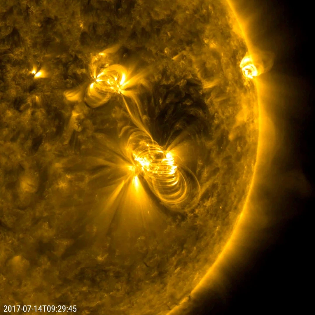 A medium-sized (M2) solar flare and a coronal mass ejection (CME) erupted from the same, large active region of the sun on July 14, 2017