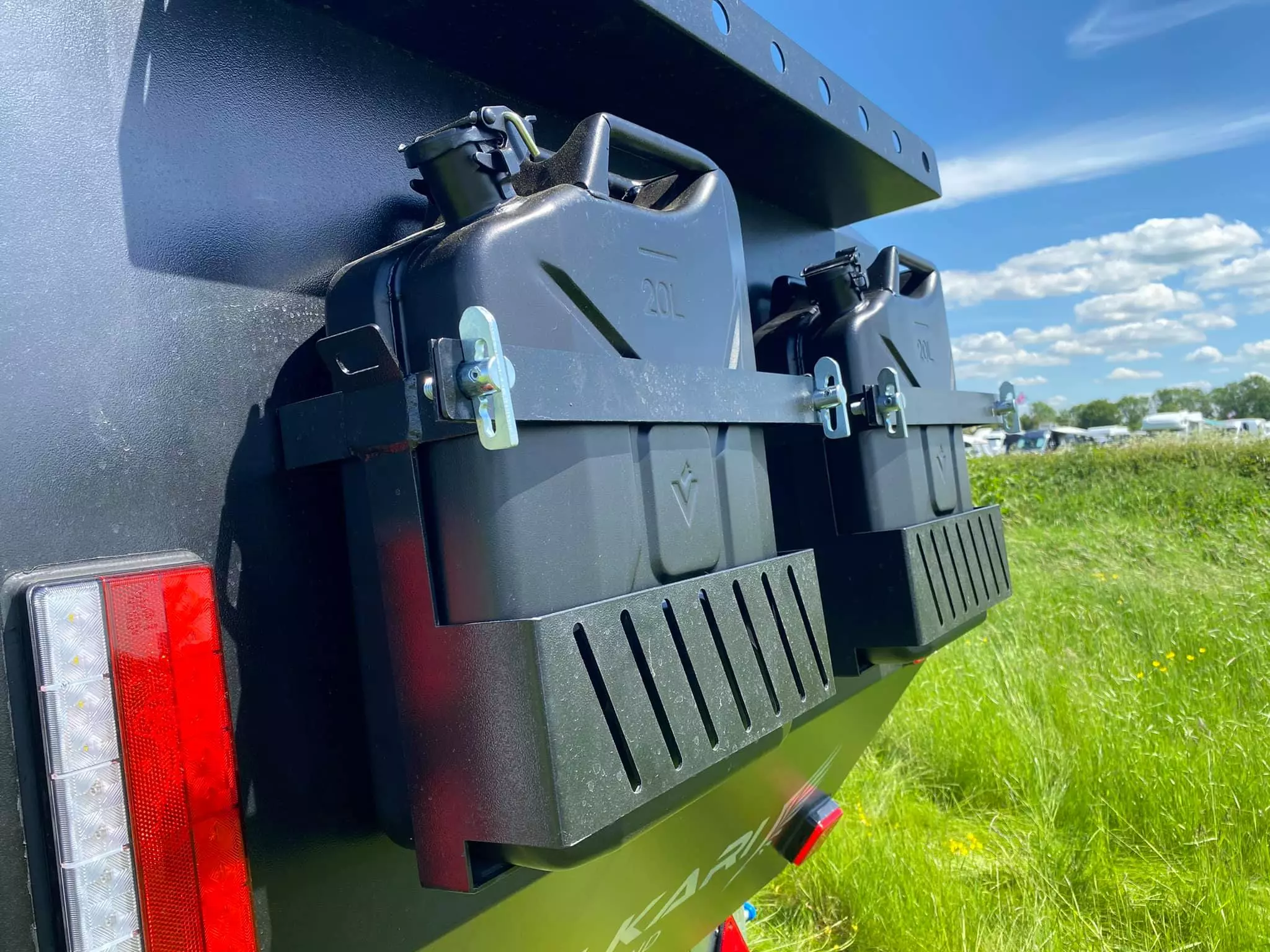 Jerry can holders come standard for buyers to fill themselves or with the optional jerry cans Valkari offers