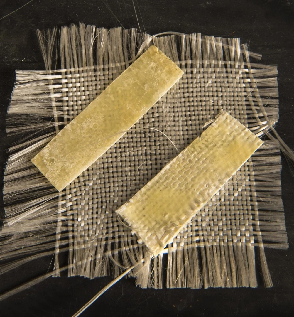 Samples of the fiber-reinforced reclaimed PET that were produced using the new technique