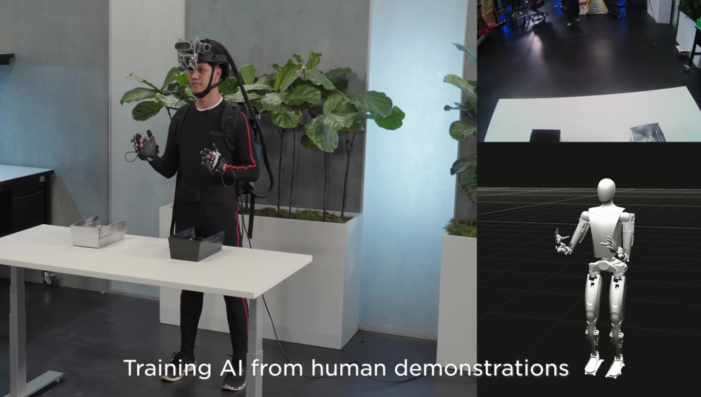 Human operators in motion capture suits are performing basic tasks, in order to train the bots