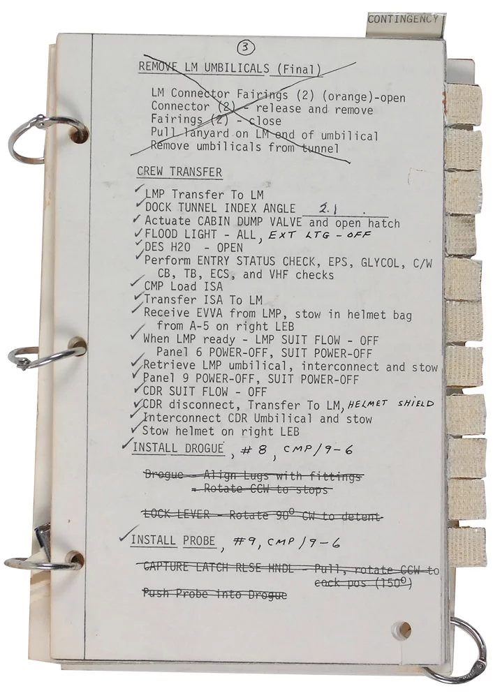 Inside the Apollo 9 EVA checklist showing the velcro tgabs