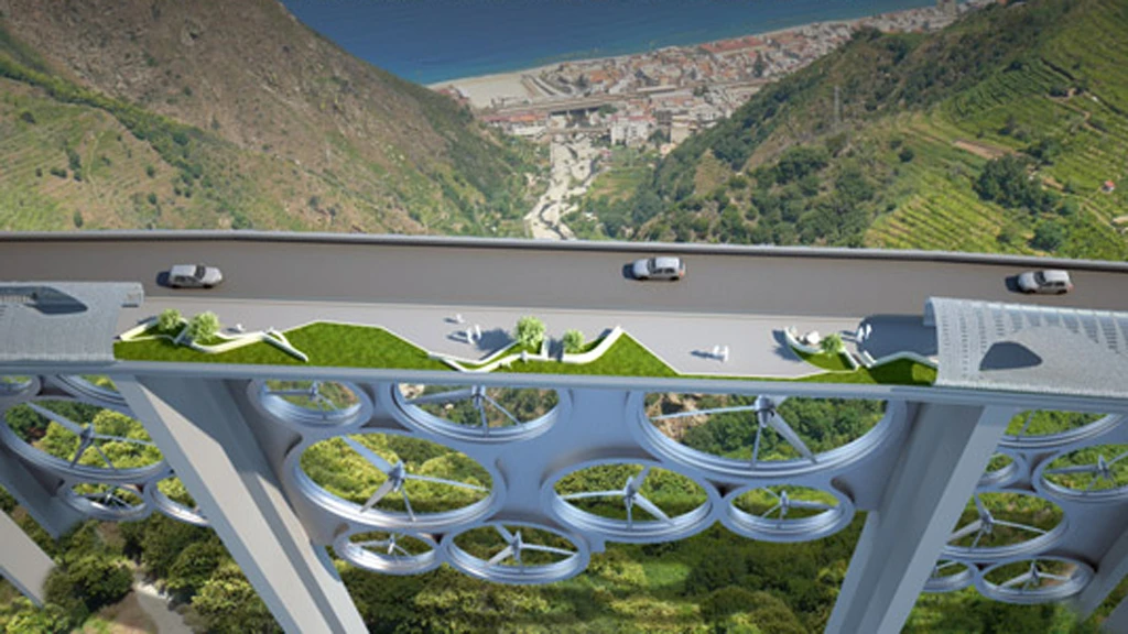 The Solar Wind bridge concept combines solar cells and wind turbines to generate power for around 115,000 homes