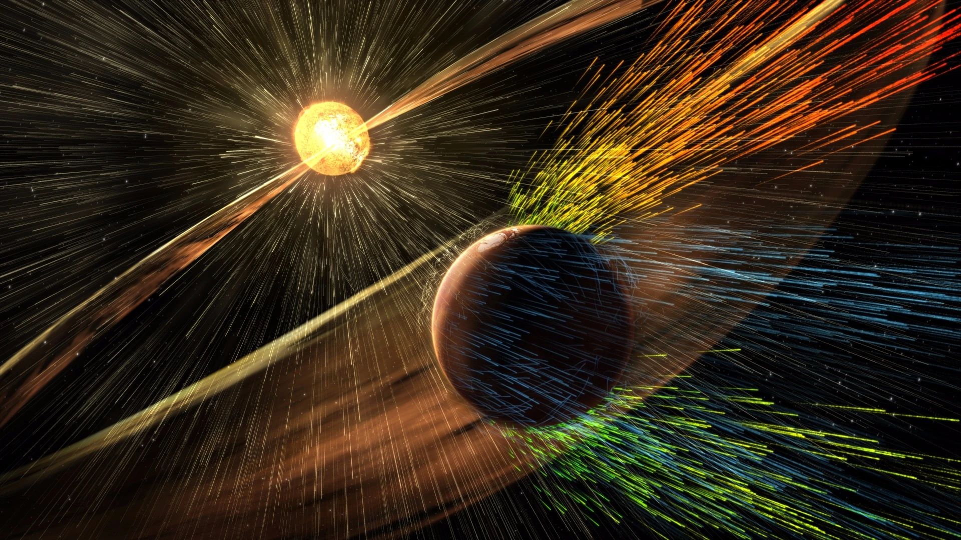 Artist’s rendering of a solar storm hitting Mars and stripping ions from the planet's upper atmosphere
