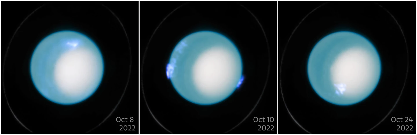 Images from the NASA/ESA Hubble Space Telescope of the dynamic aurora on Uranus in October 2022