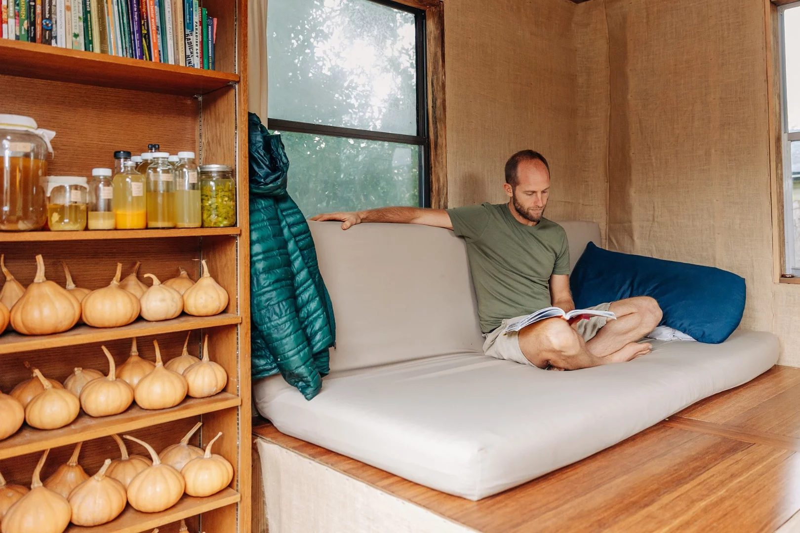 Greenfield's bed is made from wood scraps