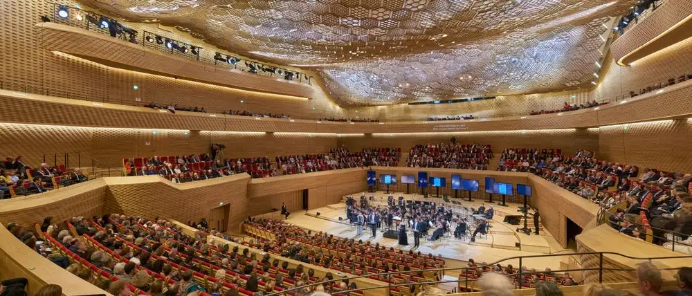La Seine Musicale's timber work includes 1,000 wooden hexagons adorning the acoustic ceiling