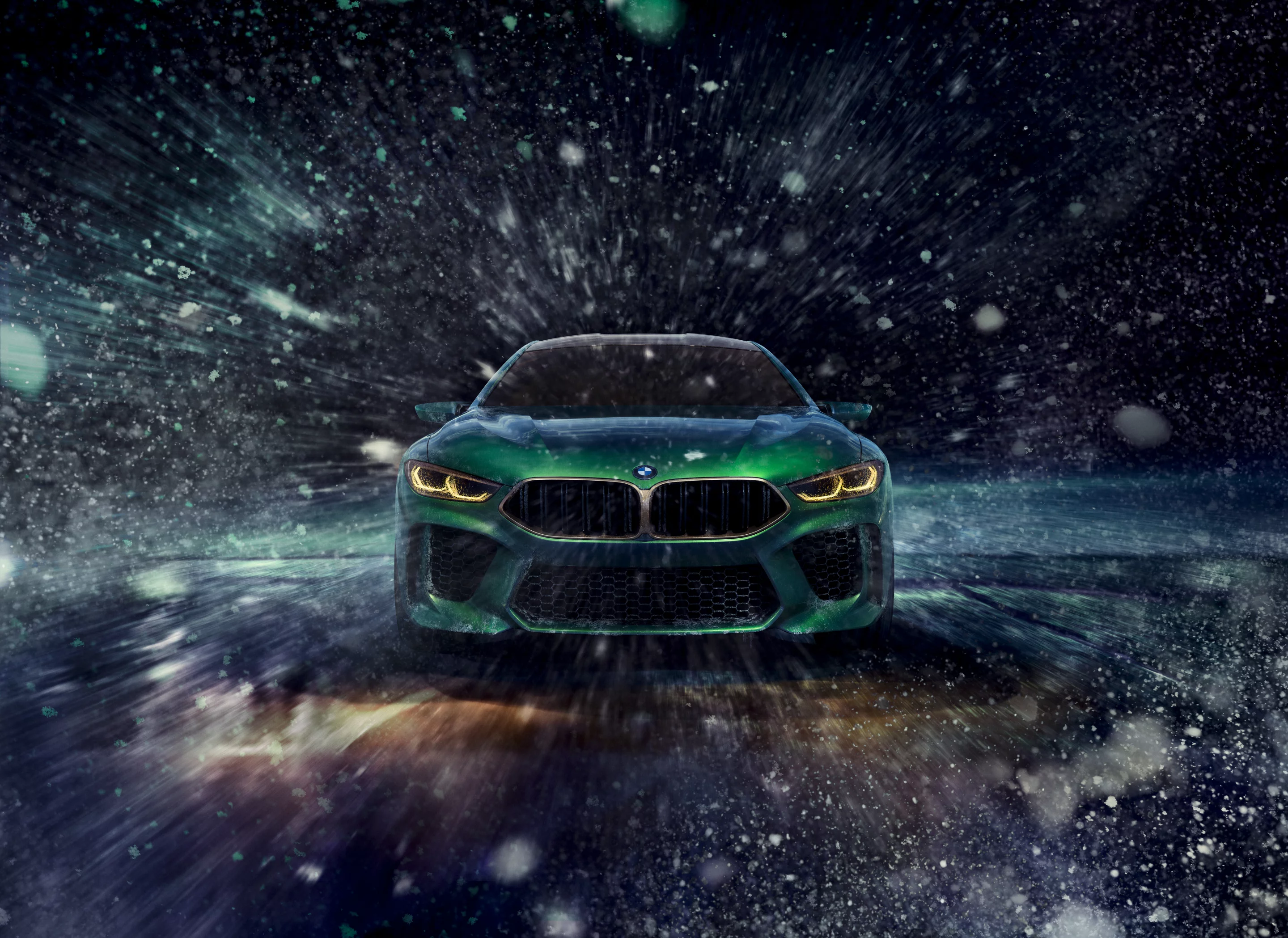 Snow is used to create dramatic movement for the BMW M8 Gran Coupe concept in this promotional still