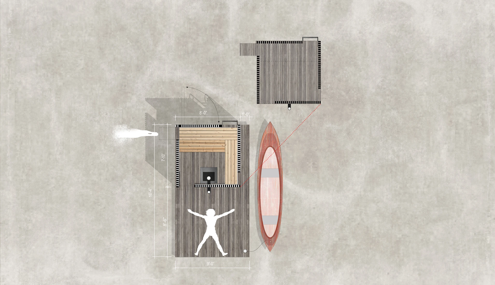 The construction includes the sauna space itself, an outdoor platform and and a upper deck for diving
