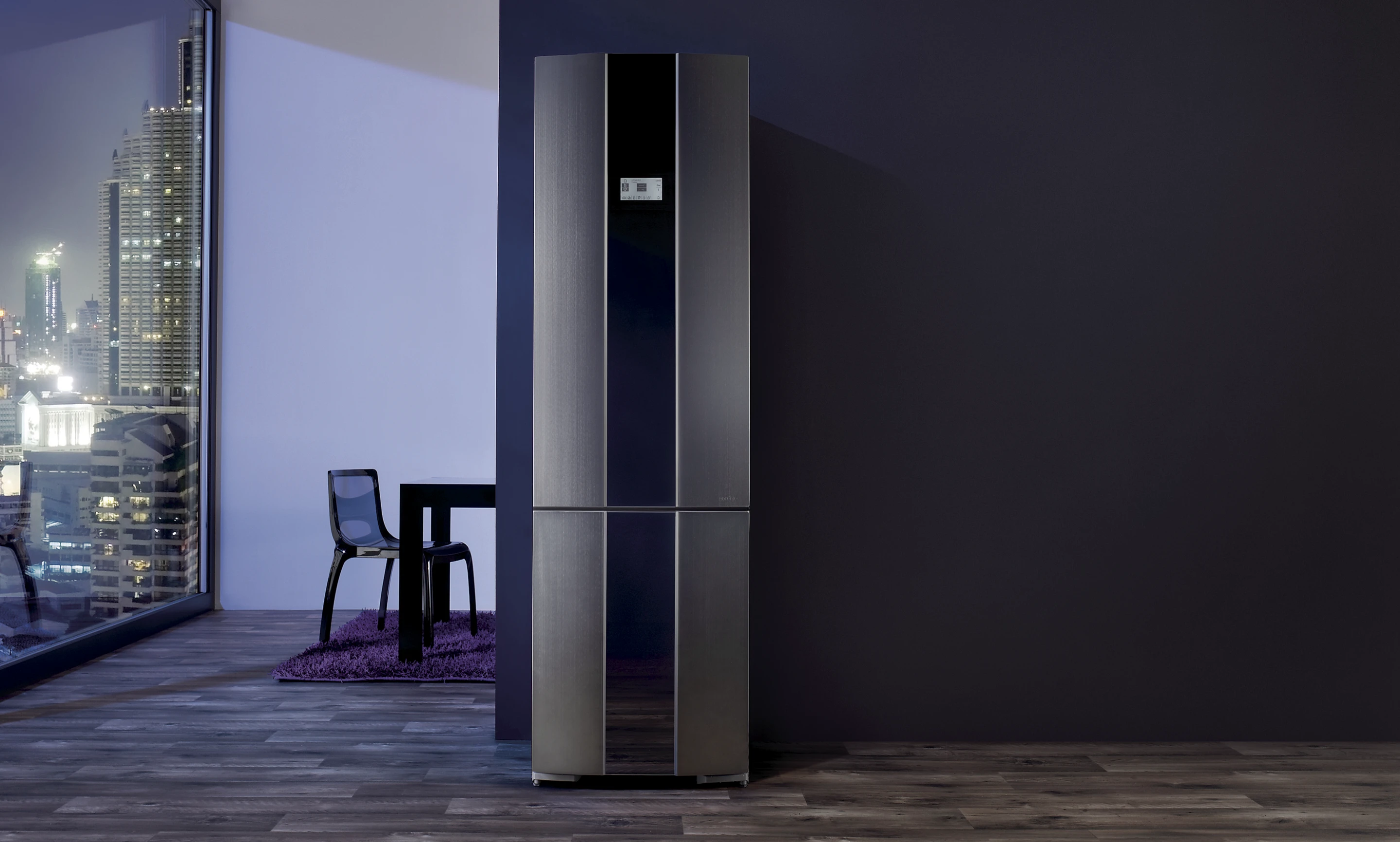 The black strip in the center of the 2010 Gorenje Pininfarina Steel Collection refrigerator-freezer turns into a transparent fridge window with the push of a button