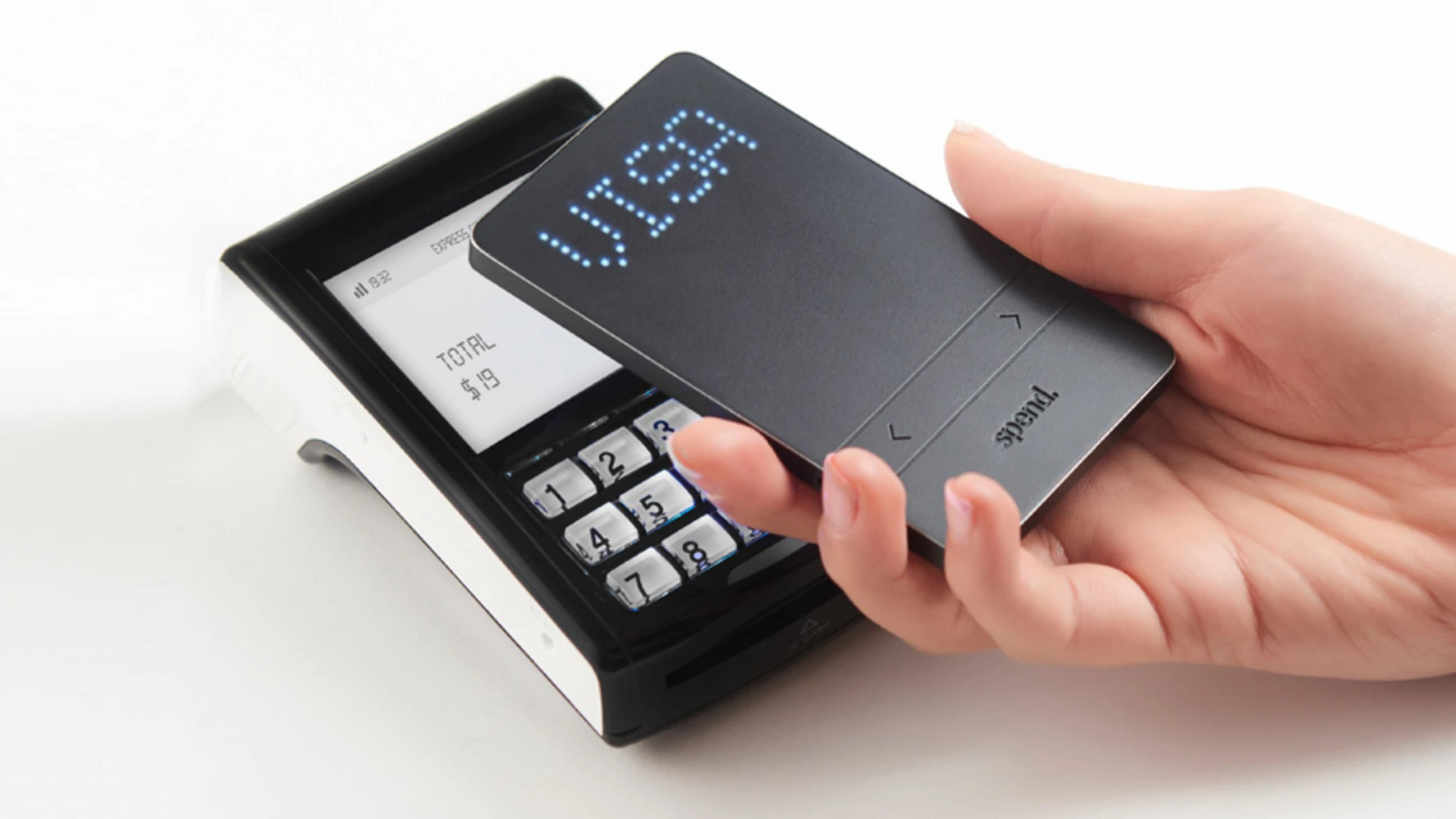 The Spendwallet has two capacitive buttons for switching between cards and one "spend" button for making payments