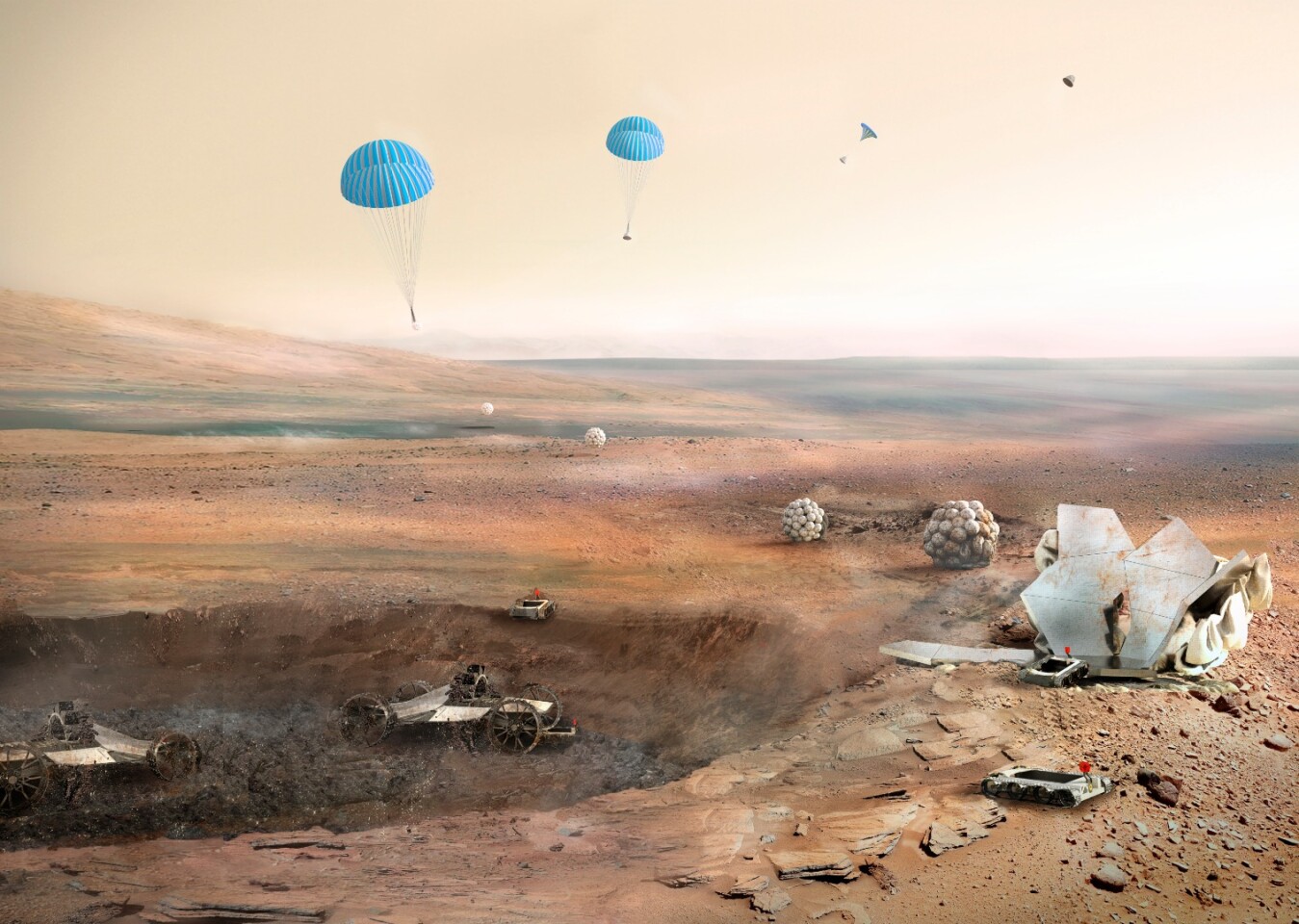 The initial excavation of a 1.5-m (4.9-ft) deep crater would be carried out by large "diggers"