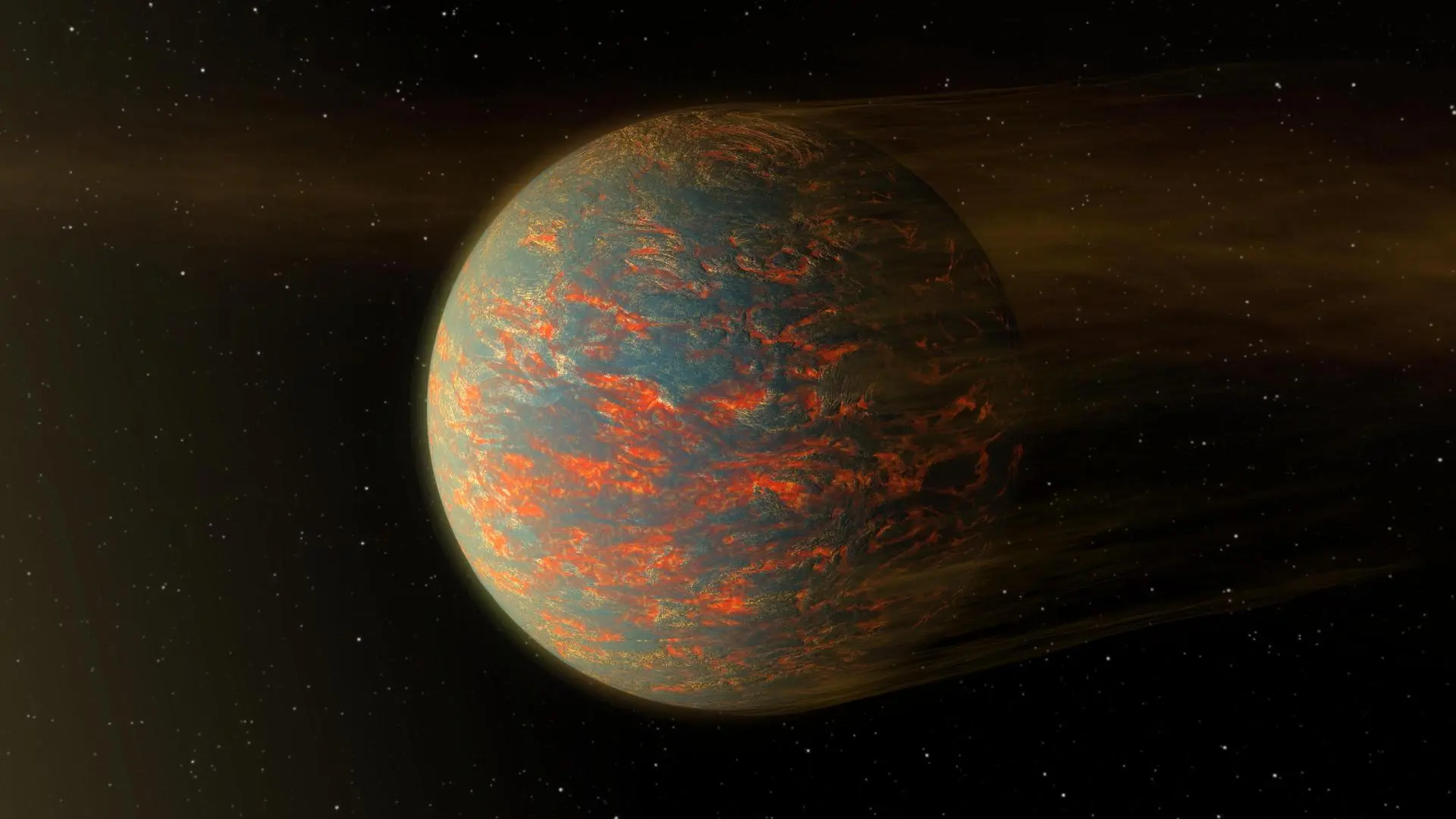 This illustration shows one possible scenario for the hot, rocky exoplanet called 55 Cancri e, which is nearly two times as wide as Earth