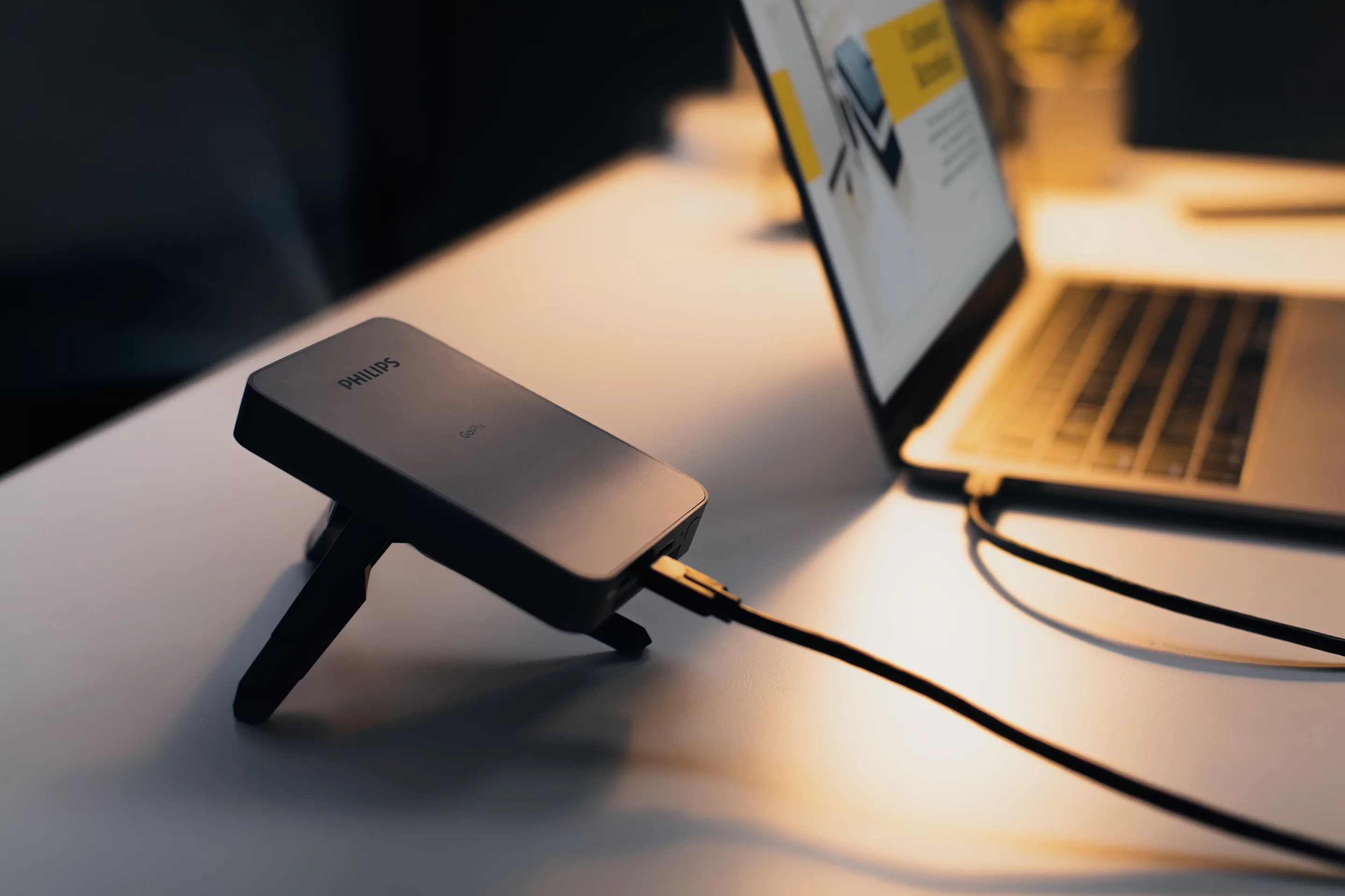 The GoPix 1 pocket projector comes supplied with a USB-C video/charging cable and tripod