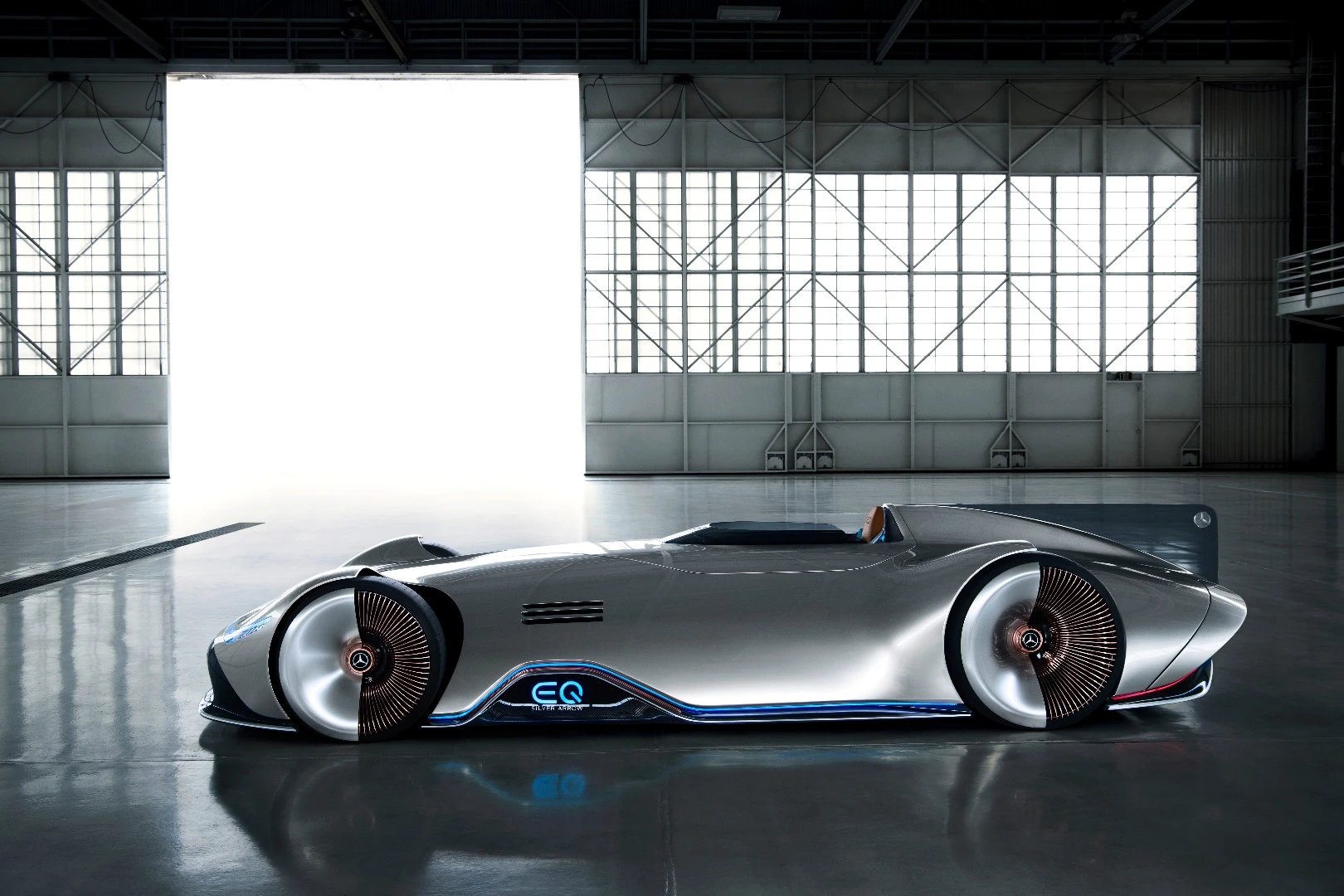 Lighting strips built into the front and side skirts add a dash of color to the EQ Silver Arrow concept