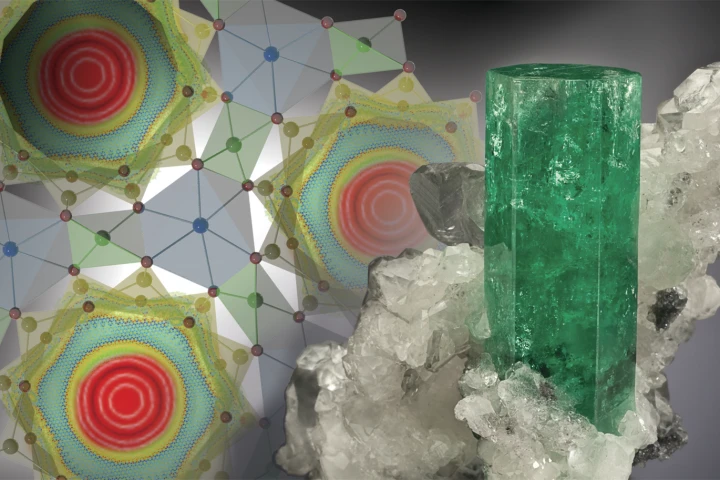 A sample of beryl and an illustration that shows the strange shape water molecules take when found in the mineral's cage-like channels
