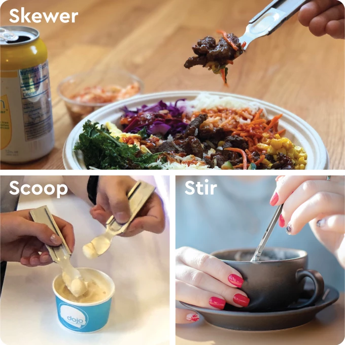 A fork and spoon with serrated knife edge that promise to be fairly easy to use