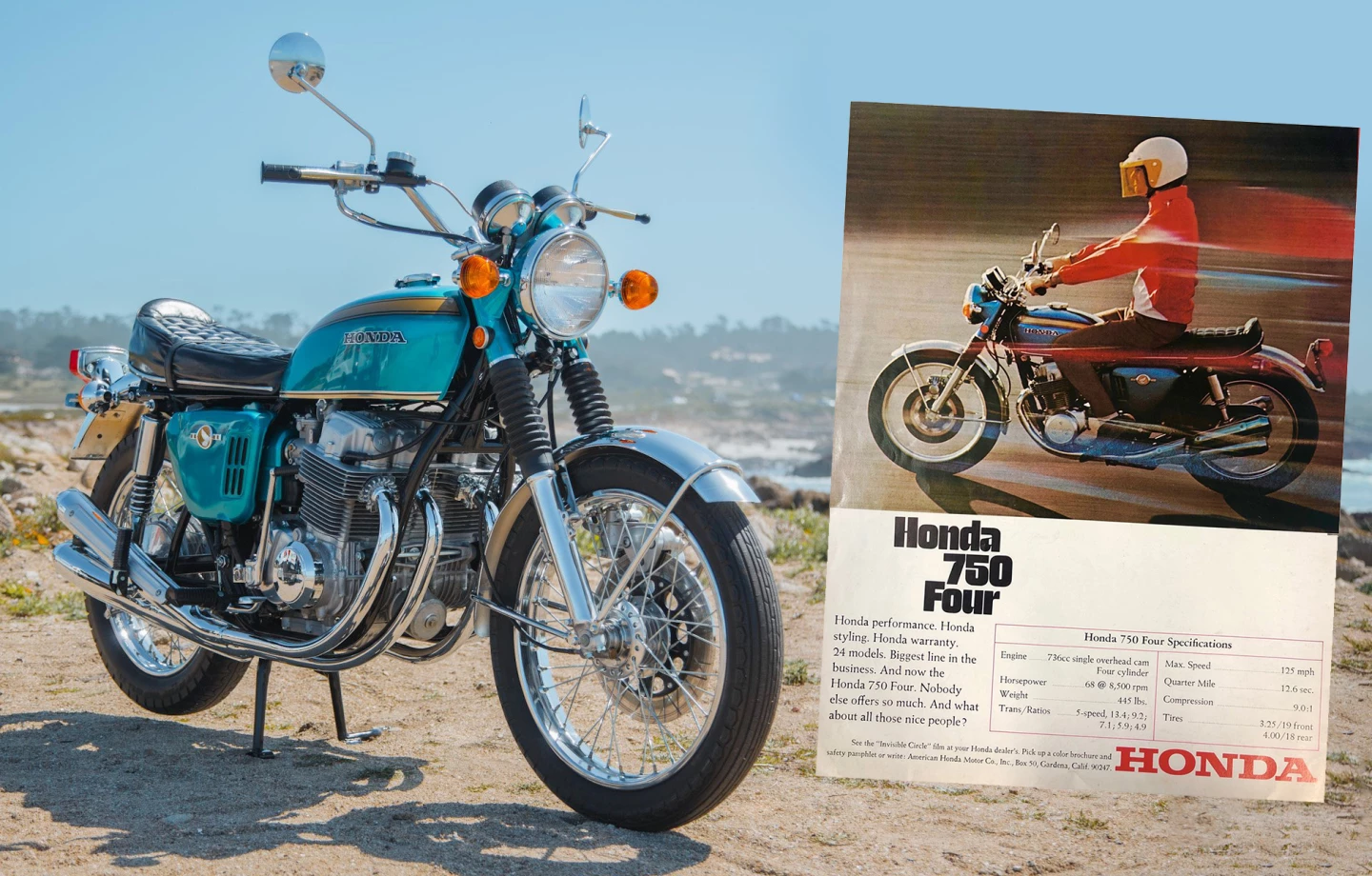 You may not realise it, but you have seen this motorcycle before - it featured in many of the earliest Honda brochures for the ground-breaking OHC four-cylinder CB750.