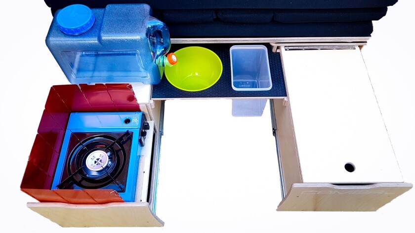 The basic Campal ForTwo comes with the stove, hardware/drawers, cushions, bowl and waste bin; the water container is available as a low-cost option