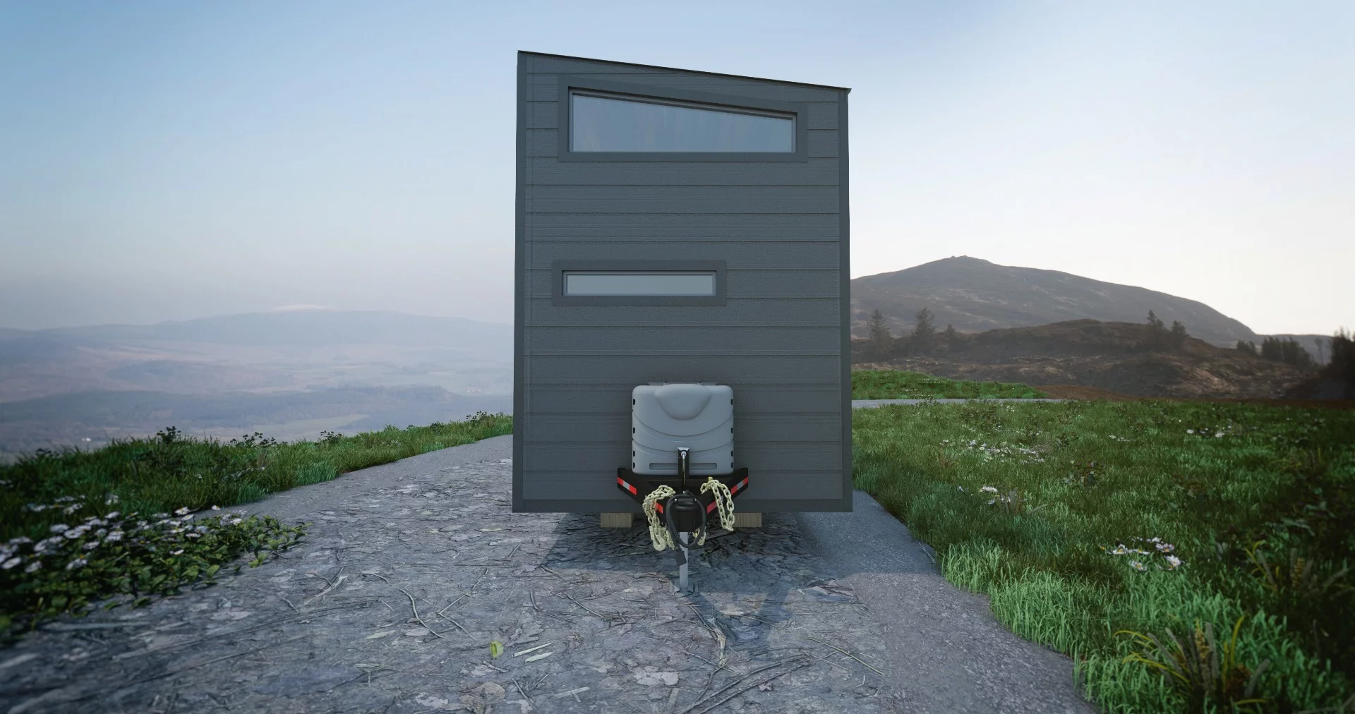 The Aurora tiny house is clad in smartboard siding, while the roof is corrugated metal and the walls are painted wood pine