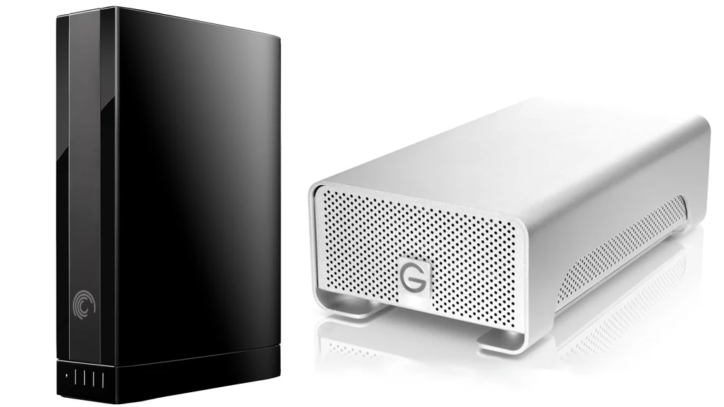 Seagate's 4TB GoFlex Desk Drive and Hitachi GST's 4TB-based G-RAID drive (not to relative scale)