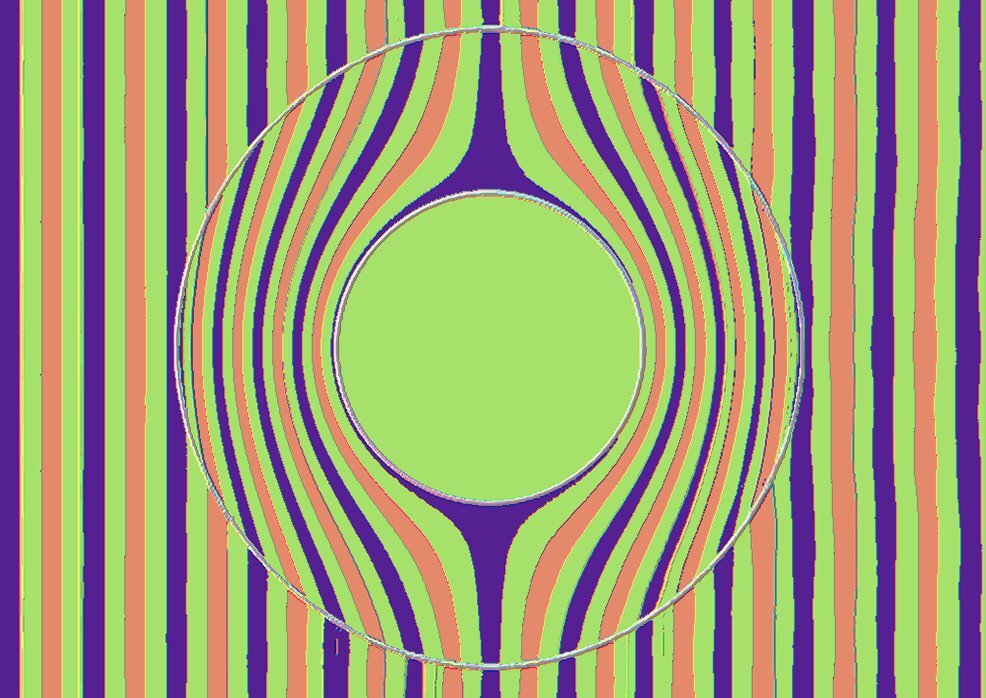 Wavefronts of a beam of light passing through an invisibility cloak; the red lines indicate the largest positive electric field intensity, and the blue lines the largest negative fields, while lime green indicates regions having little or no electric field. (Image: B. Dodson)