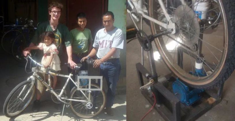 Jon Leary and friends, with his mobile bicycle-powered pump