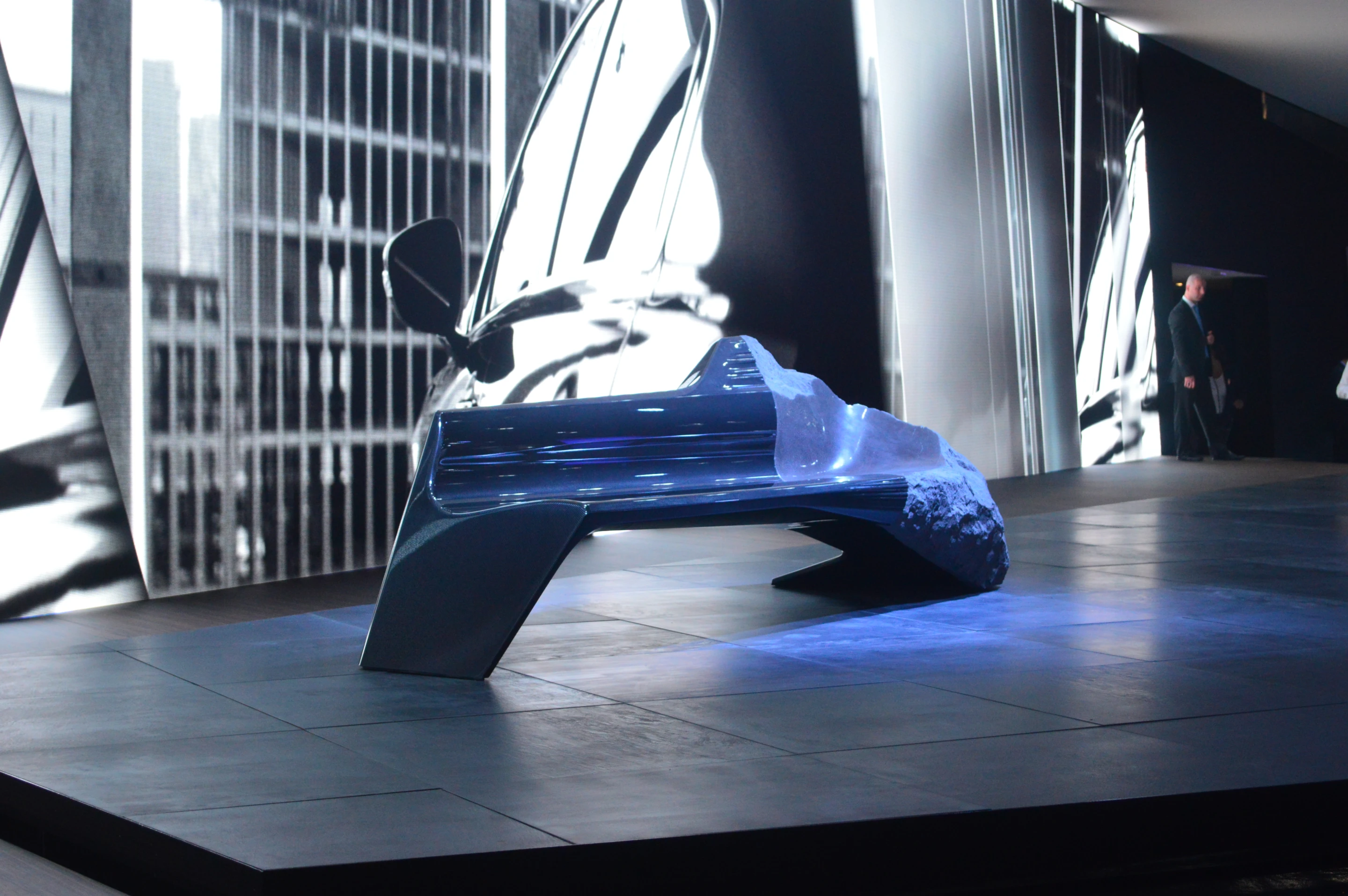 Peugeot takes a break from auto display to extend its two-tone design ethic to a piece of furniture (Photo: C.C. Weiss/Gizmag)