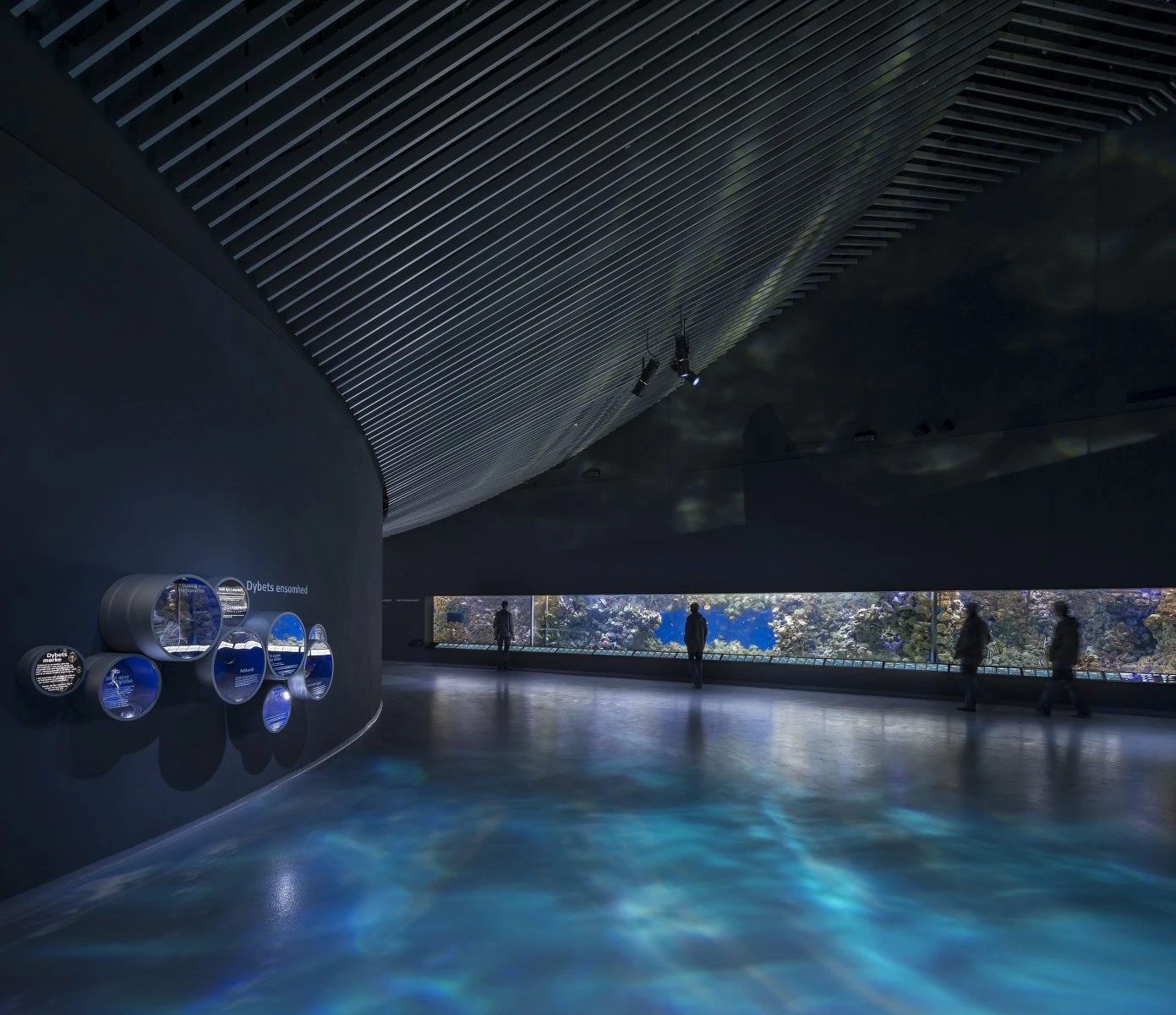 The largest aquarium inside is the Ocean Tank measuring 16 meters (52ft) in length, 8 meters (26ft) in height and weighs roughly 60 tonnes (66 tons)