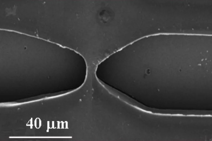 Each nanochannel electroporation device incorporates two reservoirs joined by a nanoscale channel, too small to be visible in this image (Photo: Ohio State University)