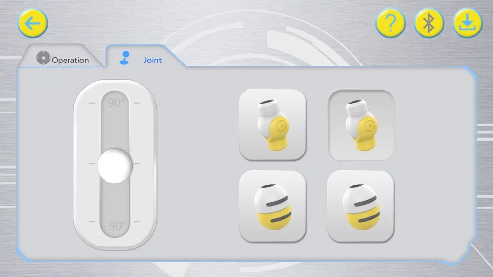 The "Operation" screen of the Mabot Go app (shown earlier) gives movement control for wheels. This "Joint" screen gives control of the joints that might be connected to the current Mabot design