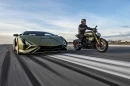 The 2021 Ducati Diavel 1260 Lamborghini in action alongside the Sián FKP 37
