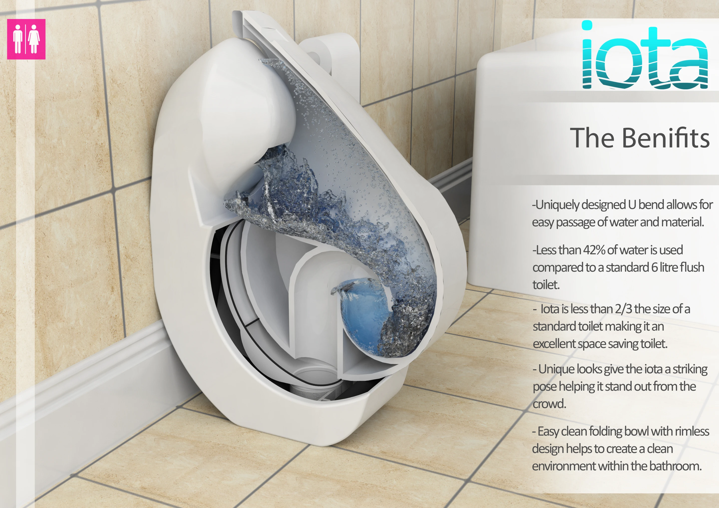 It's also far more efficient, and the designers reckon that Iota could save an impressive 10,000 liters (2,641 US gallons) per person, per year, in typical use
