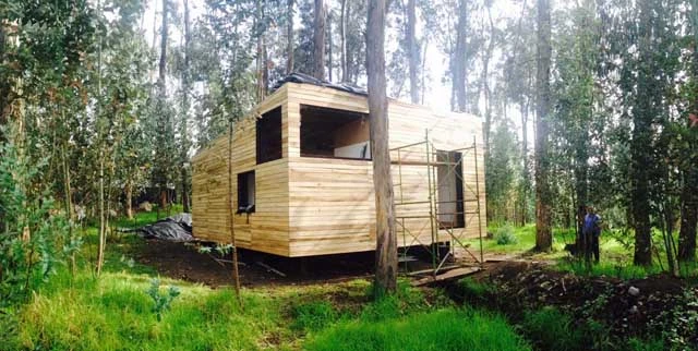 The structure of the single bedroom home is built on top of a series of concrete and steel columns, which slightly raises the home above the ground