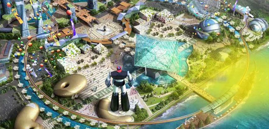 A bird's eye view of the planned design for Robot Land, including the giant robot building