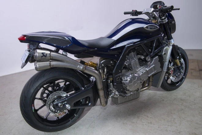PGM V8 motorcycle: rear right top 3/4 view