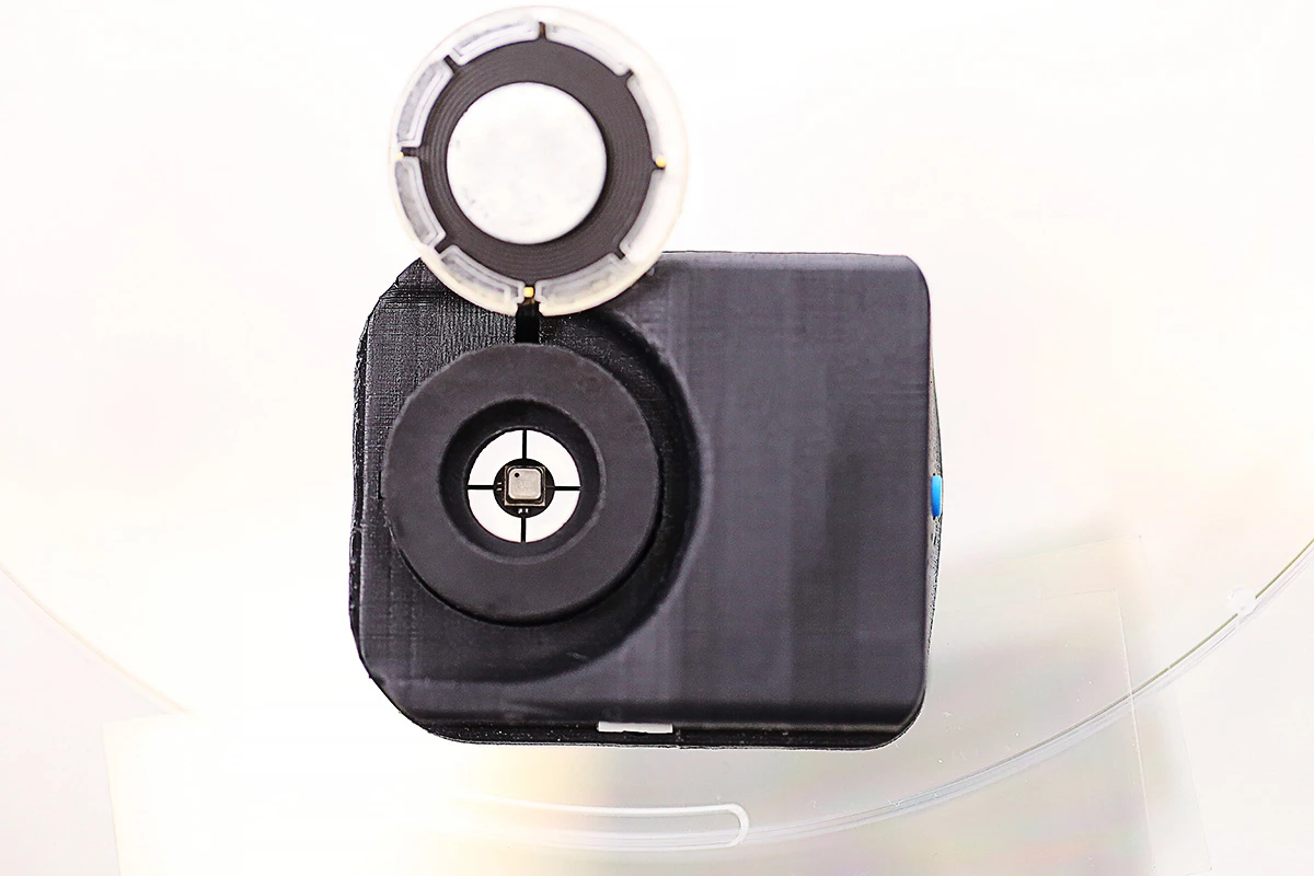 A close-up of the EMF-monitoring wearable with its internal sensors