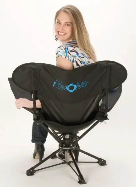The Revolve chair folds and sits like a camping chair but rotates like a desk chair