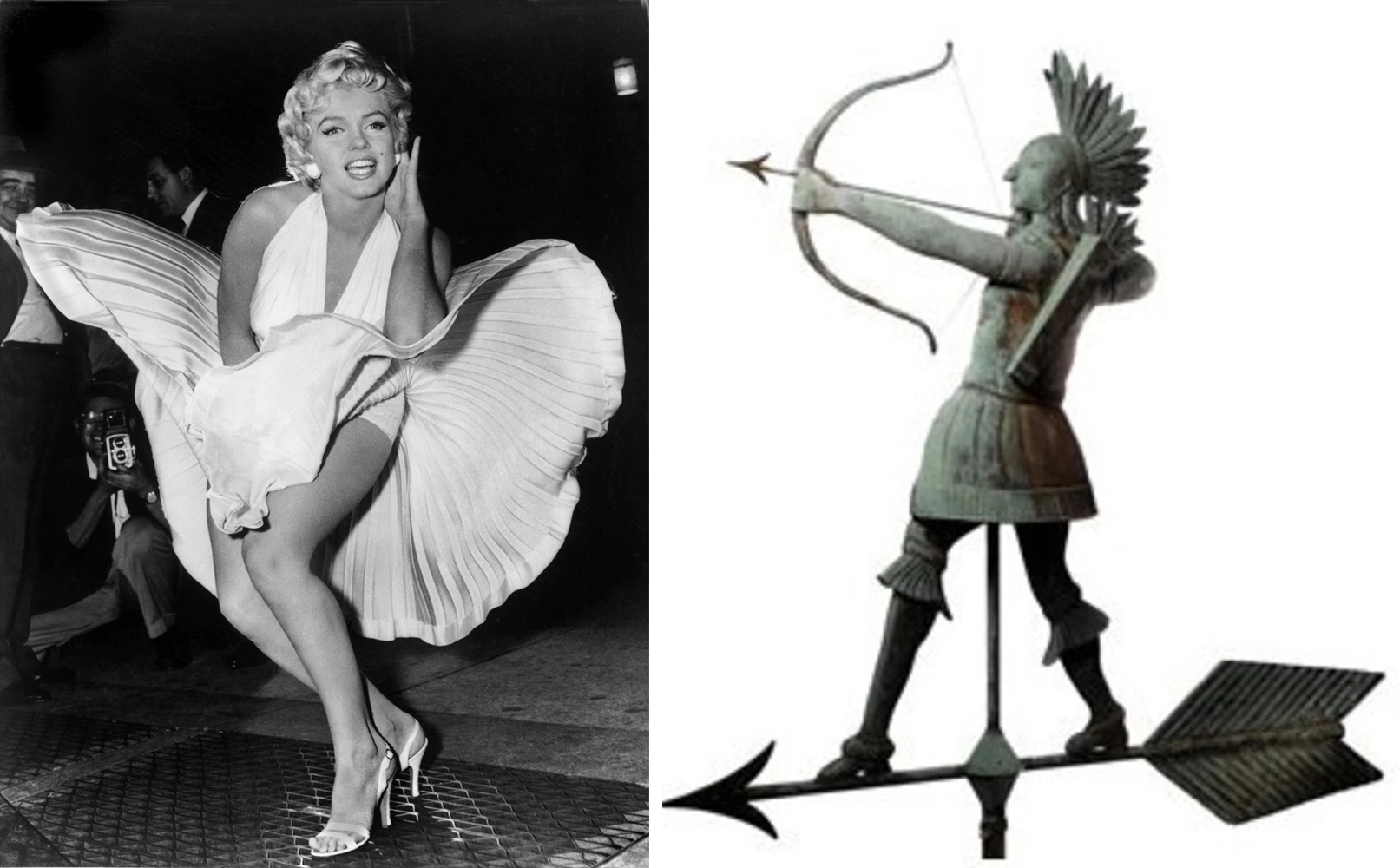 Other items to sell at auction in this price range include a Gutenberg Bible ($5,390,000 - the first major book printed using mass-produced movable type), a leaf from a Qur'an ($4,892,483 - £2,484,50 - one of the earliest fragments of the Qur'an ever produced dating from the middle of the 7th Century), the dress from the movie "The Seven Year Itch" worn by Marilyn Monroe over the subway grate ($5,520,000 - above left), a Copper Indian Chief Weathervane ($5,840,000 - circa 1900 - above right) and the most expensive non-U.S. coin ever sold at auction, a Umayyad Caliphate gold dinar struck in the first year of rule of Caliph Hisham ibn Abd al-Malik (723 - 724 AD., A.H.105).