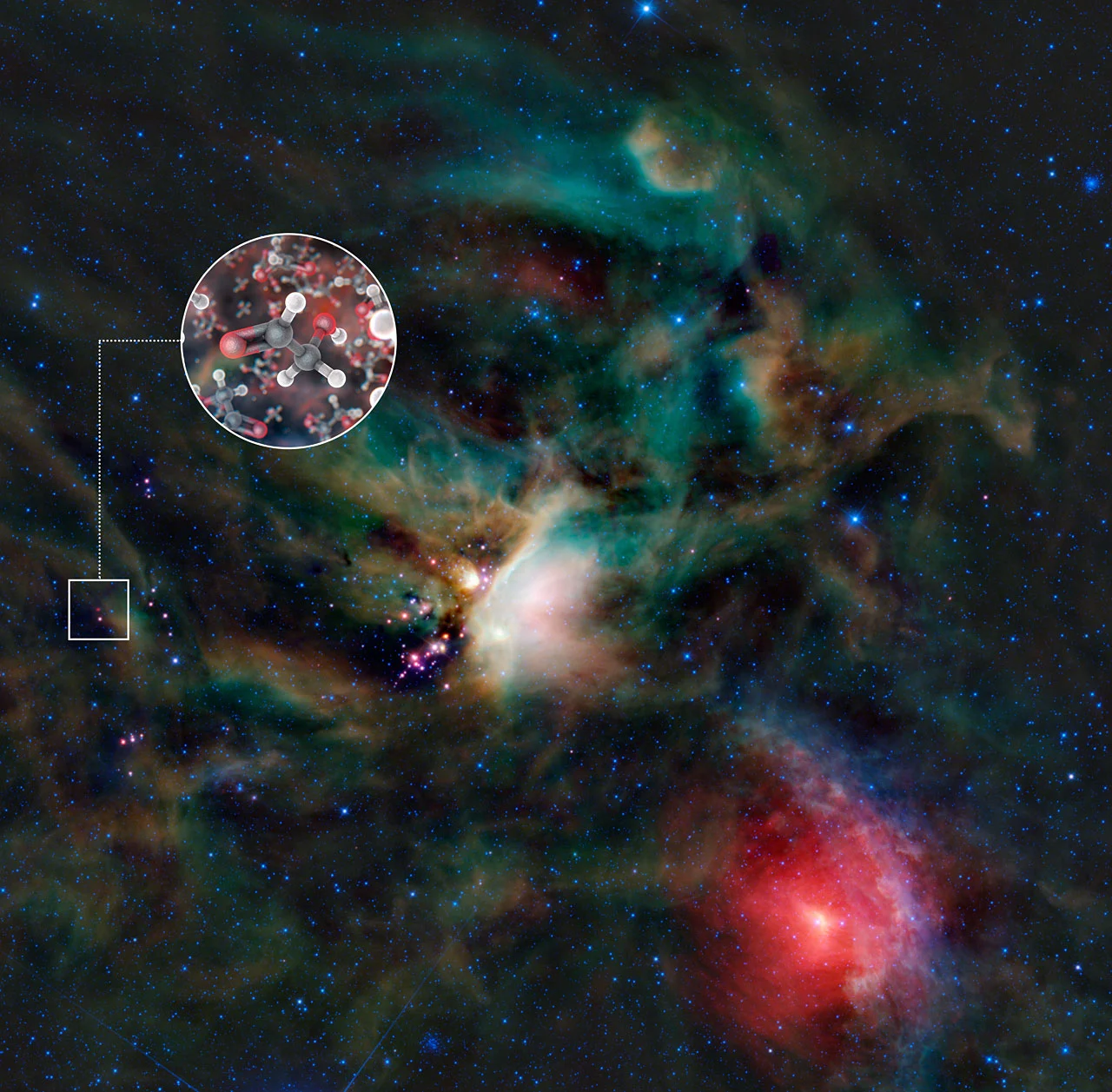 Sugar molecules in the gas surrounding a young Sun-like star (Image: ALMA/L. Calçada & NASA/JPL-Caltech/WISE Team)