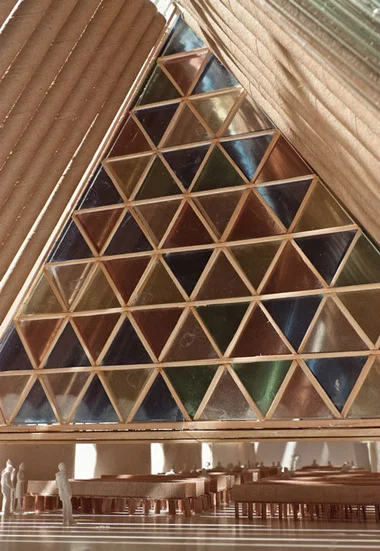 Ninety-eight cardboard tubes form the cathedral's structural beams, and shipping containers also figure in the cathedral's construction (Photo: Shigeru Ban Architects)