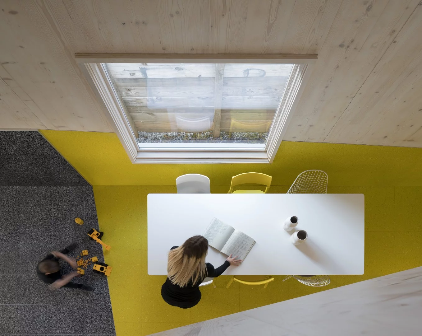 Haus Gables was built using pre-cut cross-laminated timber panels, which make up all exterior and interior walls, floors, and roofing