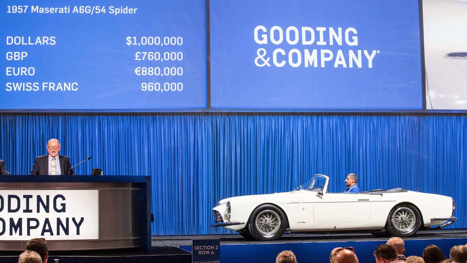 One of only ten Frua Spiders built on the Maserati A6G/54 chassis, with this particular car driven by Juan Manuel Fangio at the Modena Autodromo in March 1957. This rare and exotic coachbuilt 1957 Maserati A6G/54 Spider sold for $3,300,000 at Gooding & Co's official 2016 Pebble Beach auction.