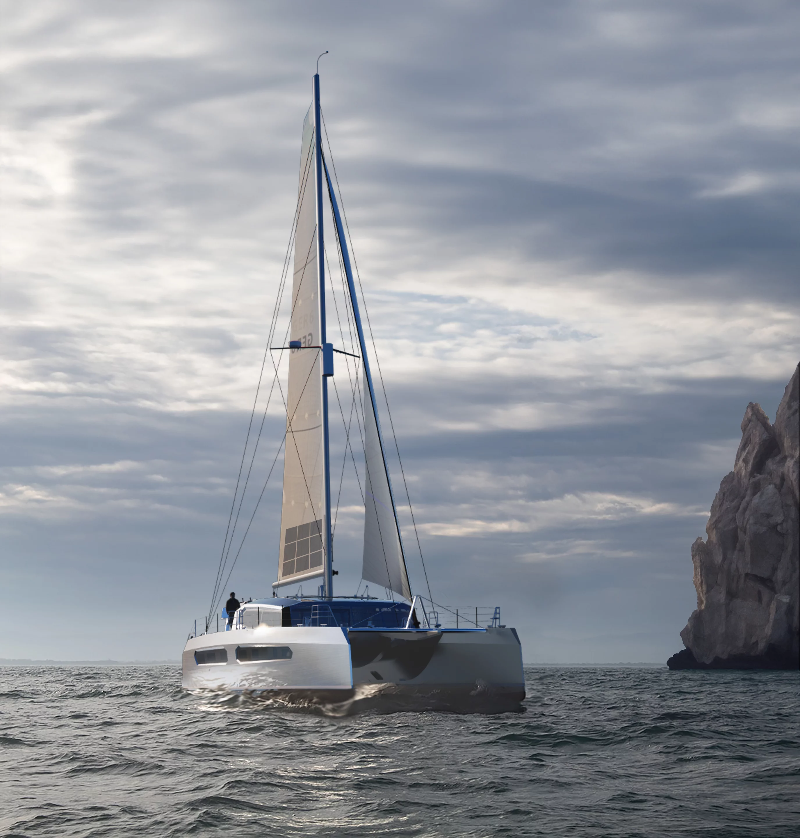 The Hu'chu 55 is designed primarily for sailing but includes two electric motors and a battery bank plus photovoltaic energy generation