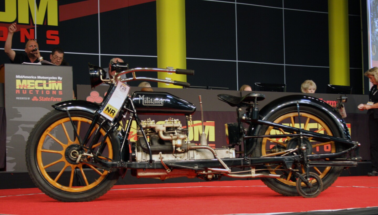 This 1915 Militaire Model 2 is a fascinating and unconventional four-cylinder motorcycle with an equally fascinating history as it was developed through several manufacturers. Estimated to fetch between $130,000 and $150,000, it sold for $165,000.
