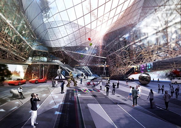 The internal courtyard is protected by a photovoltaic glass roof