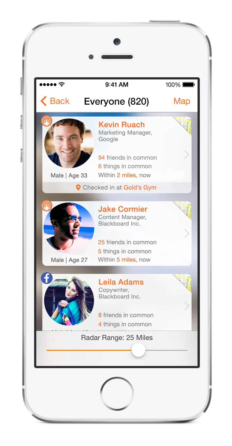 A list of close-by people with info snippets