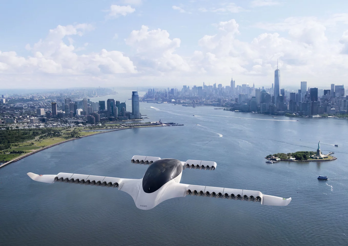 The Lilium eVTOL air taxi design, inspired by the hammerhead shark and manta ray, uses 36 tiny ducted fans, mounted in tilting banks