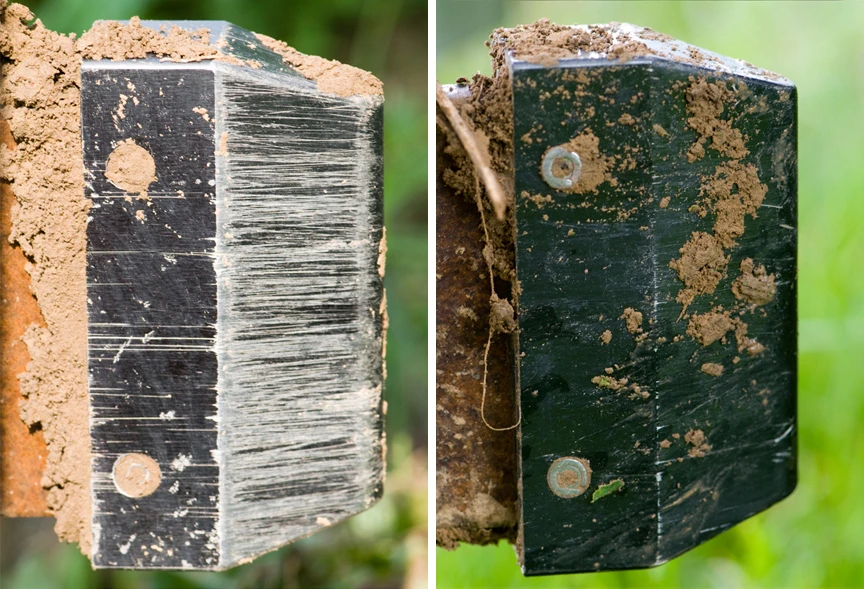 Experimental DLC-coated tools after use with the improved coatings after the same plowing distance shown on the right (Image: Felizitas Gemetz/Fraunhofer IWM)